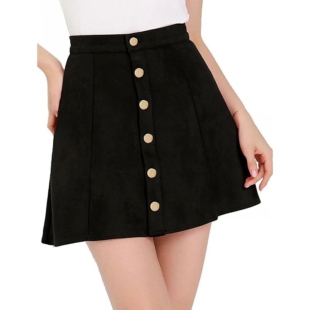 Black Faux Suede Button Closure A-Line High Waisted Flared Skater Skirt S NWOT